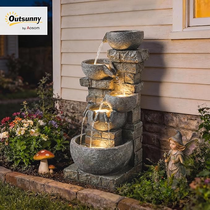 Outsunny 31.5" Tall 5 Tiers Outdoor Water Fountain, Waterfall Fountain with Warm LED Lights, Outdoor Cascading Water Feature for Garden Patio Backyard Porch Home Decor, Stone Gray