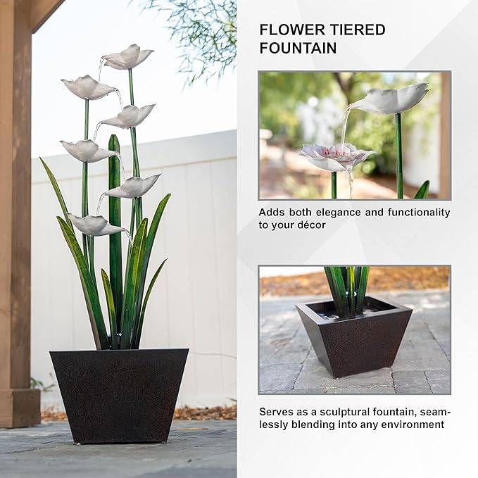 XBrand 39-Inch Metal Multi-Tier Flower Water Fountain with LED Lights, Multicolor Sculptural Outdoor