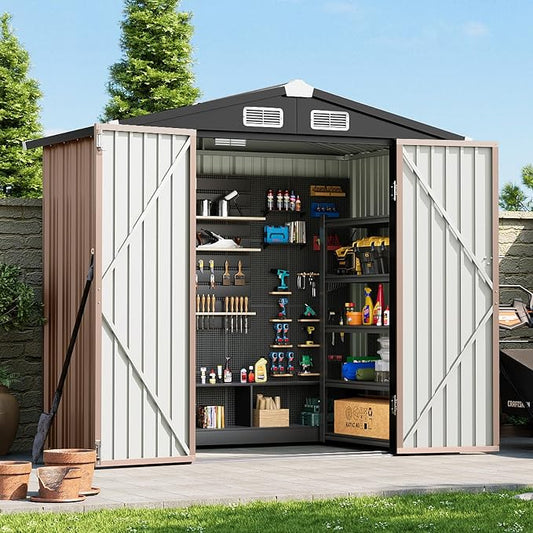 6x4 FT Outdoor Storage Shed, Metal Garden Tool Shed with Sloping Roof & Lockable Door for Patio Lawn Backyard (Brown) by Breezestival