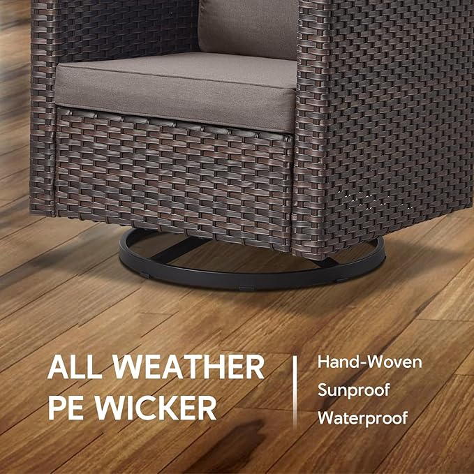 Outdoor Swivel Rocker Chairs Set of 4 with Fire Pit Table - 5 Peice Wicker Patio Furniture Set Conversation Set with 50,000 BTU Fire Pit for Deck Backyard - Brown Wicker Grey Cushion