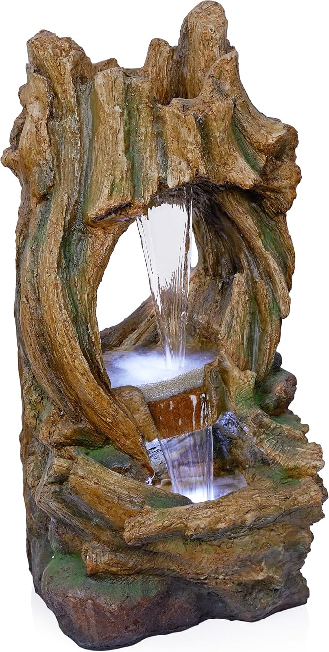 Alpine Corporation 40" Tall Open Tree Trunk Floor Fountain with Cool White LED Lights, Tiered Garden Decor, Brown