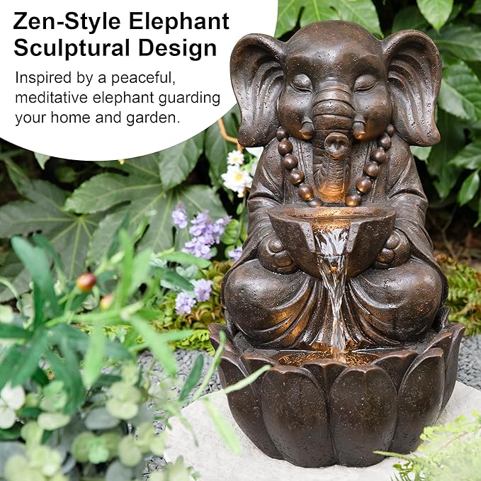 Glitzhome Outdoor Fountains, Water Fountains Outdoor with Lights&Pump, 21.75" H 2-Tiered Zen-Style Bronze Polyresin Elephant Garden Fountain Floor Standing Waterfall for Patio, Porch, or Yard Decor