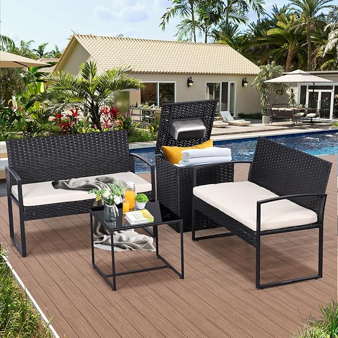FHFO 4 Piece Outdoor Patio Furniture Set with Built-in Beverage Cooler Storage Box, Wicker Conversation Sets Patio Outdoor Loveseats & Coffee Table for Outside, Garden, Balcony, Porch, Black/Beige