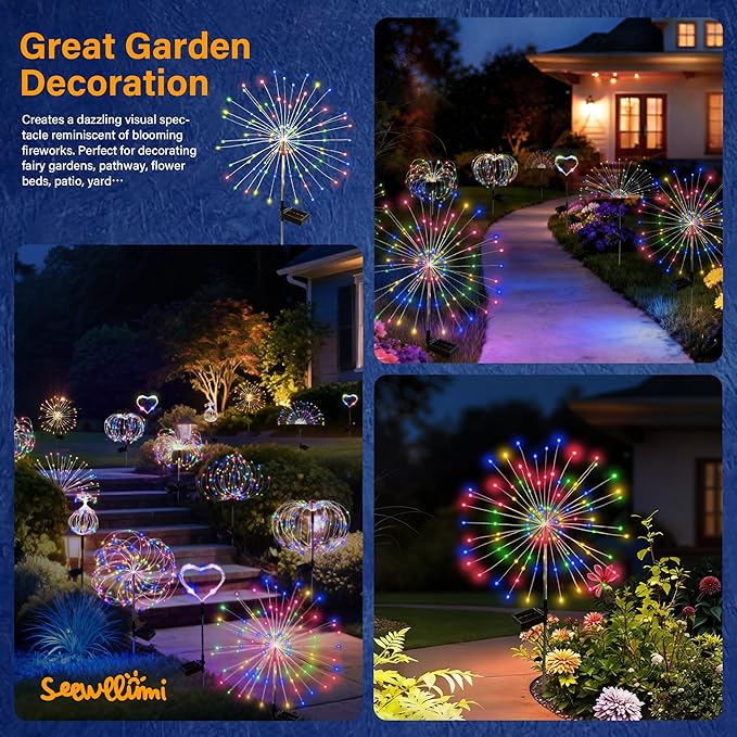 Solar Garden Lights Outdoor Decorative, 2pack 120 LED Firework Lights Waterproof???Solar Fairy Lights for Outside,Garden,Yard, Patio,Pathway,Flowerbed,Party(Multicolor)