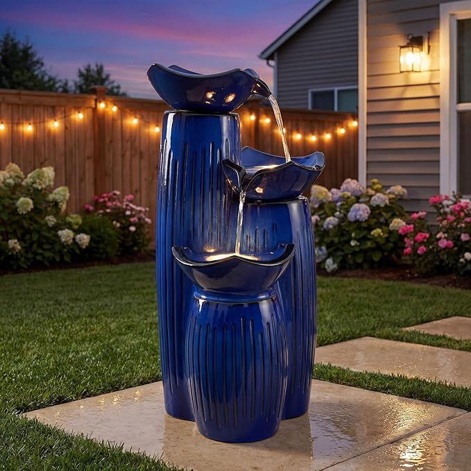 30" H Ceramic Outdoor Water Fountain with LED Lights, 3-Tier Cascading Lotus Bowls Water Feature, Tranquil Waterfall for Relaxing Garden, Patio, Yard, Cobalt Blue, Vertical Striped Texture