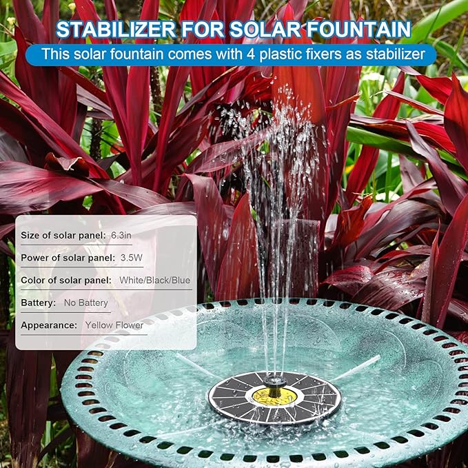 Yzert Solar Fountain for Bird Bath, 3.5W Upgraded Solar Bird Bath Fountains with 4 Fixed Pipes 7 Nozzles No Battery, Solar Fountain Pump for Bird Bath Outdoor(White)