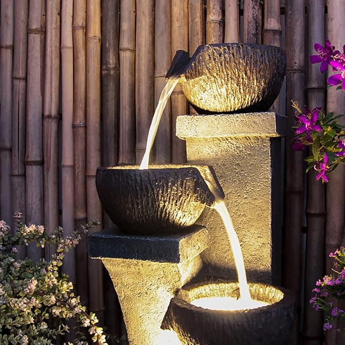Supmix Outdoor Garden Water Fountain for Garden Patio Backyard Deck Porch and Home Art Decor 4 Tiers Modern Cascading Outdoor Fountains with Lights 37.4”H