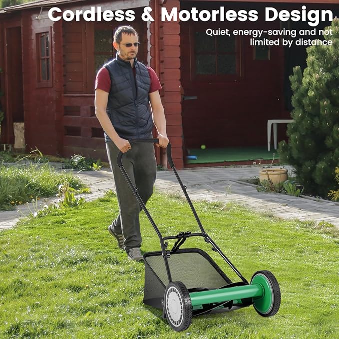 16-inch 5-Blade Push Reel Lawn Mower, Walk-Behind Grass Cutter w/Removable 7 Gallon Grass Catcher Bag & Adjustable Cutting Height, Cordless Manual Lawn Mower for Garden, Lawn, Yard (Green) - Image 2