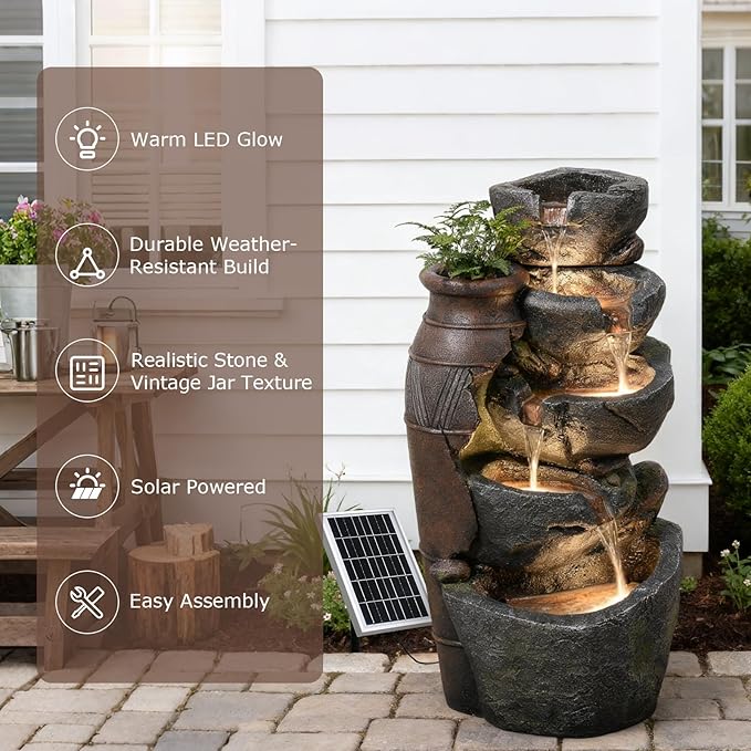 5 Tier Rock Solar Water Fountain Outdoor with Vintage Jar, Cascading Waterfall Fountain with LED Lights, Outdoor Fountains for Garden or Patio, Yard, Deck Decor, 16.5" L x 12.6" W x 31.7" H