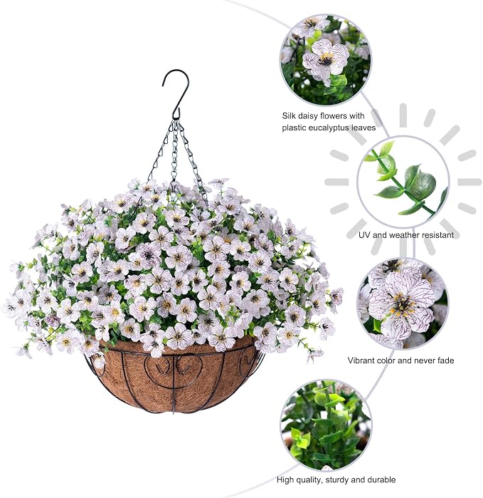 HyeFlora Artificial Fake Hanging White Plants Flowers Basket for Outdoor Fall Winter, Faux Silk Daisy in Planter Realistic UV Resistant for Christmas Outside Porch Home Patio Balcony Yard Decoration - Image 5