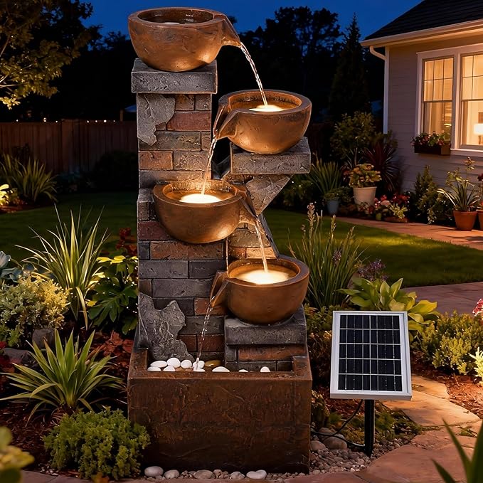 5 Tiers Solar Outdoor Water Fountain - 33.5" H Shape K Indoor Waterfall Fountain with LED Lights for Patio, Balconies, Lawns, Deck, Porch Backyard and Home Art Decor