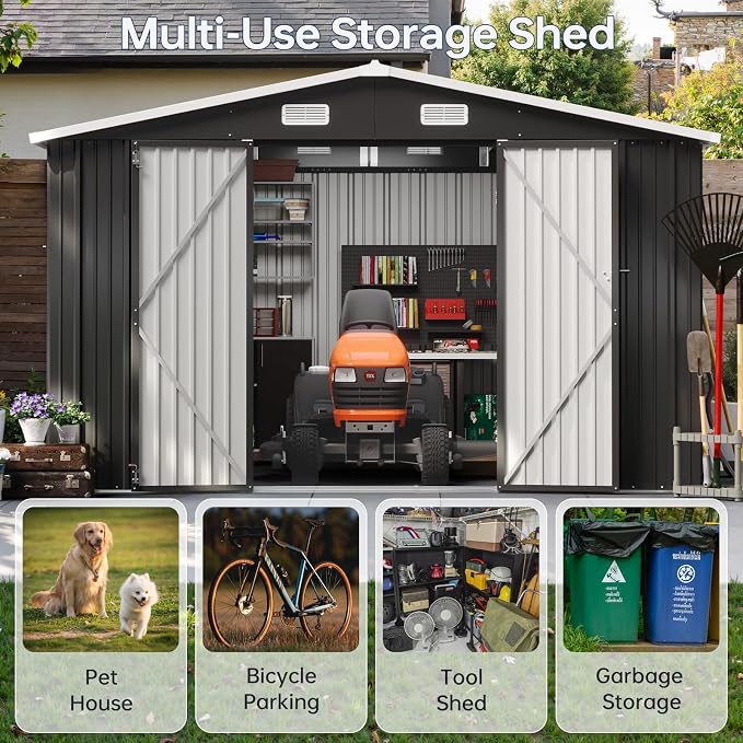 10x12FT Outdoor Storage Shed, Metal Garden Tool Shed with Sloping Roof & Lockable Door for Patio Lawn Backyard (Black, 10x12FT) - Image 4