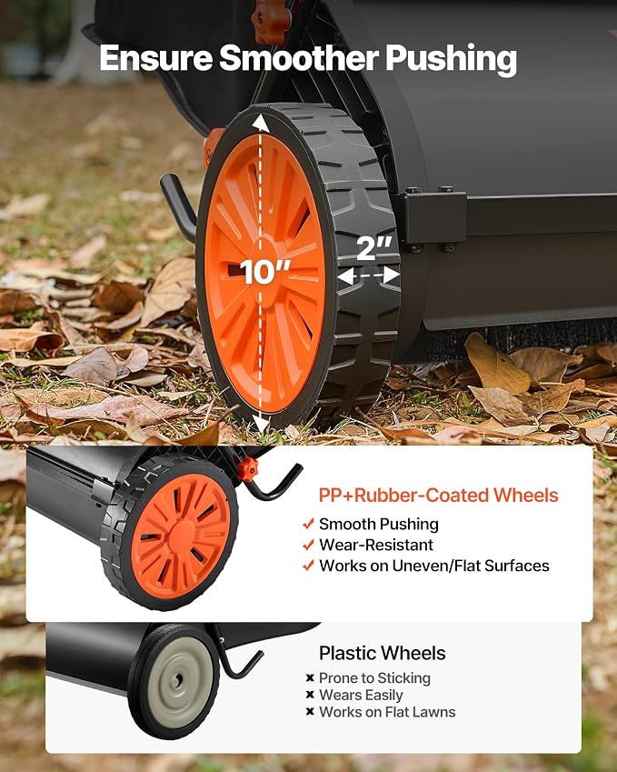 VEVOR Push Lawn Sweeper, 30 in Leaf & Grass Collector with 12 cu. ft. Hopper Bag, Adjustable Brush Height & Spinning Brushes, Heavy Duty Yard Sweeper with Rubber Wheels for Leaves Grass Cleanup - Image 5