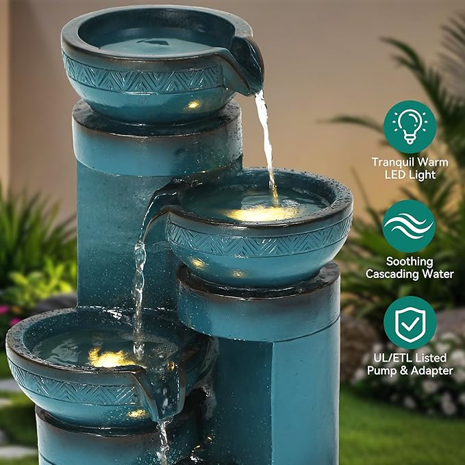 19.3" Outdoor Water Fountain with LED Lights, 4-Tier Cascading Water Feature with Pump, Turquoise Faux Ceramic Pedestal Waterfall for Garden, Patio, Yard or Porch