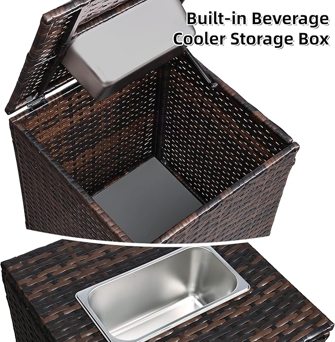 FHFO 4 Piece Outdoor Patio Furniture Set with Built-in Beverage Cooler Storage Box, Wicker Conversation Sets Patio Outdoor Loveseats & Coffee Table for Outside, Garden, Balcony, Porch, Brown/Blue
