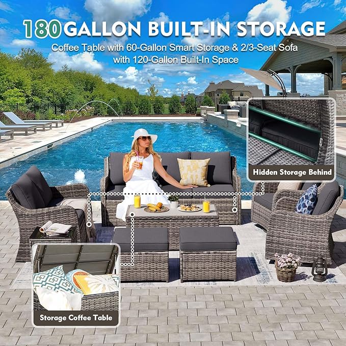 MEISSALIVVE Patio Furniture Set with Swivel Rocking Chairs, 8 Pieces Patio Conversation Set, Outdoor Wicker Sofa Couch with Waterproof Cushions for Lawn Backyard Porch (Grey)