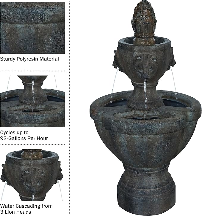 Outdoor Fountain – Polyresin 2-Tier Water Feature with Lion Head Details and Realistic Stone Appearance – Yard Art with Soothing Sound by Pure Garden