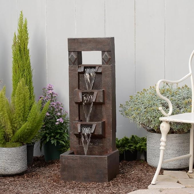 40.9" H Indoor Outdoor Modern Water Fountain with Lights & Pump, 4-Tier Cascading Outdoor Patio Waterfall Fountain for Garden, Porch, Yard, Landscape, Indoor Décor, Brown Vintage Wood-Look