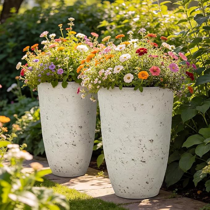 19.5"H Resin Tall Planters for Outdoor Indoor Use, 2-Pack Large Flower Pots, Weather-Resistant Plant Container for Garden Yard Porch or Home Décor, Handcrafted Birch Bark Texture, Country White