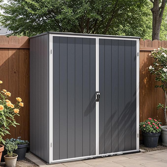 Patiowell 5x3 FT Resin Outdoor Storage Shed with Floor, Plastic Waterproof Outdoor Storage Cabinet, Garden Organizer Shed with Lockable Door for Patio Furniture, Pool Accessories, Dark Gray - Image 2