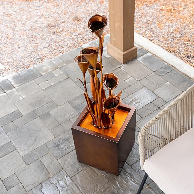 XBrand 46-Inch Sculptural Metal Multi-Tier Flower Water Fountain, Bronze