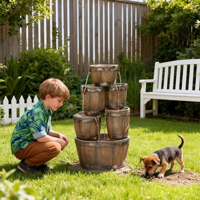 24.8" H Outdoor Water Fountain with LED Lights, 4-Tier Cascading Waterfall Fountain, Rustic Wood Barrel Resin Outdoor Water Fountain for Garden Patio Backyard Porch Indoor Decor