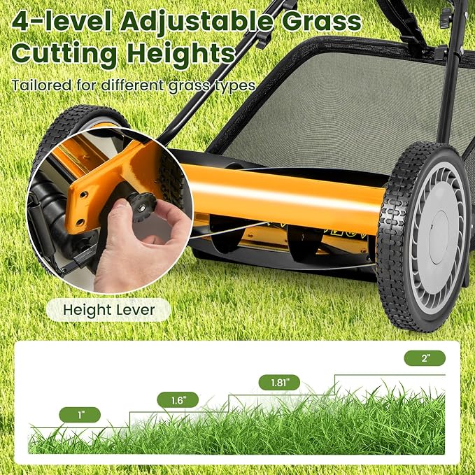 16-inch 5-Blade Push Reel Lawn Mower, Walk-Behind Grass Cutter w/Removable 7 Gallon Grass Catcher Bag & Adjustable Cutting Height, Cordless Manual Lawn Mower for Garden, Lawn, Yard (Orange) - Image 5