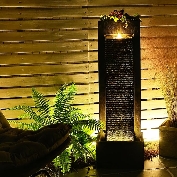 Water Fountain Outdoor Curved Faux Slate Waterfall Feature Freestanding Fountains Indoor Floor Standing Water Fountainswith LED Lights, Pump, Natural Stones for Garden, Patio