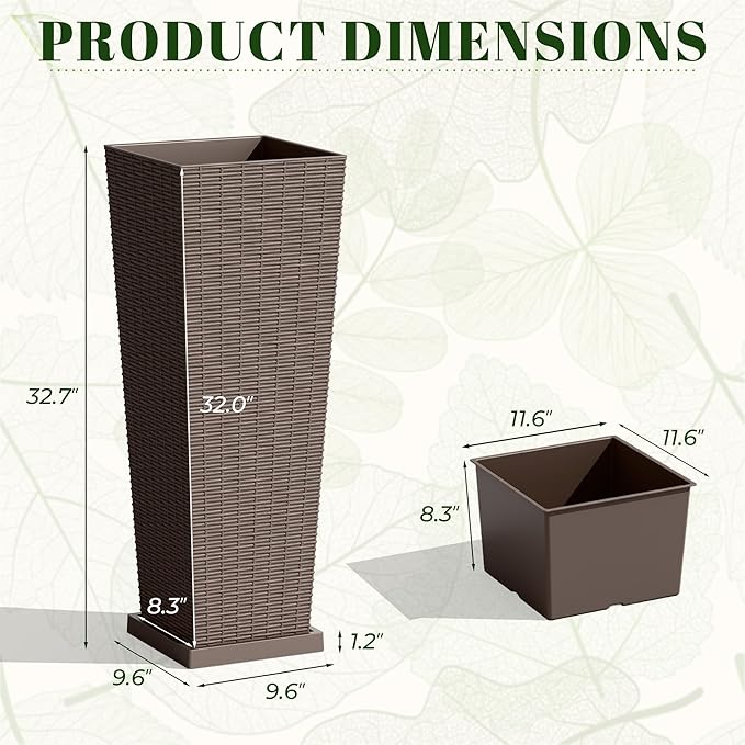 JUMMICO Set of 2 Resin Rattan Tall Planters for Outdoor Plants, Large Tapered Planters with Drainage Holes&Inner Trays, Flower Pots for Garden, Patio, Porch, Backyard (Brown, 32'')