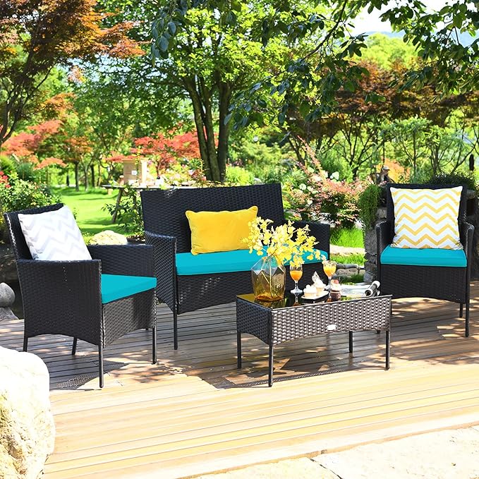 8 Pieces Patio Furniture Set, Outdoor Conversation Set with Ergonomic Curved Backrest, Patio Chair Set with Water-Resistant Cushion & Tempered Glass Table for Balcony,Porch(Turquoise)