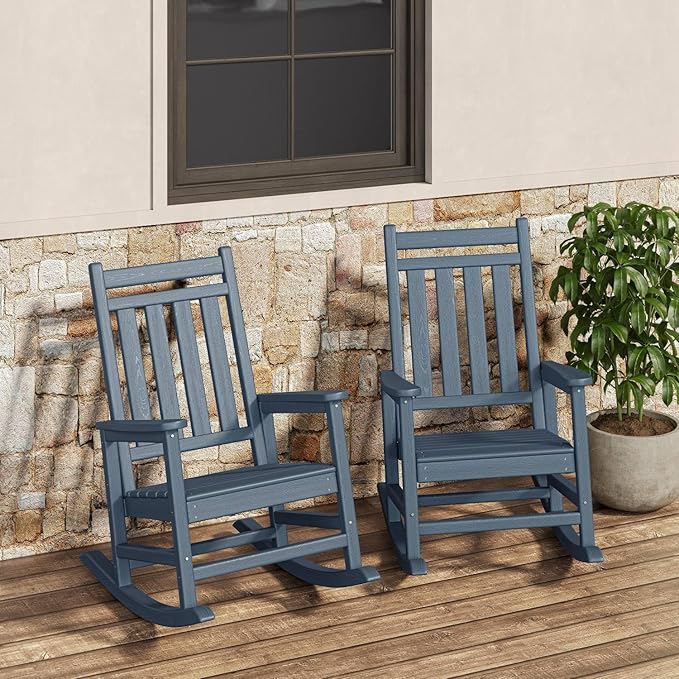 Garvee HDPE Rocking Chair Outdoor Set of 2 - Poly High Back Porch Rocker Chairs for Adults - All Weather Resistant Furniture for Patio Front Porch - Navy Blue by Garvee
