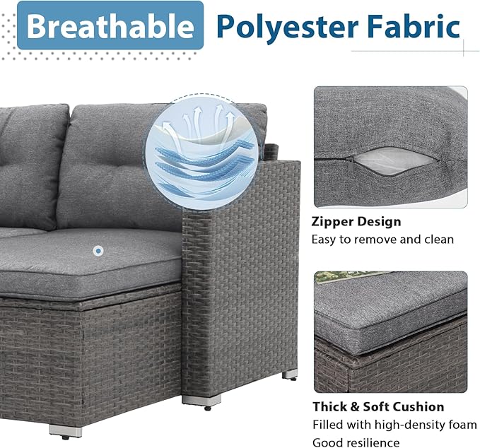 JOIVI 3-Piece Patio Furniture Set, Outdoor Wicker Rattan Sectional Sofa & Patio Couch with Cushions, Tempered Glass Coffee Table, All-Weather Sectional Set for Outdoor Patio, Gray