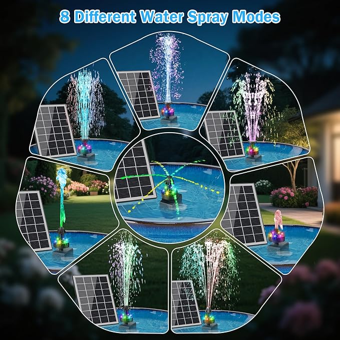 Solar Fountain Pump with Adjust Glass Panel, Upgrade 3.5W Solar Water Pump with Stake, 16.4ft Cable, 2000mAh Battery, Colorful Lights, Solar Powered Fountain Kits for Bird Bath, Hummingbird