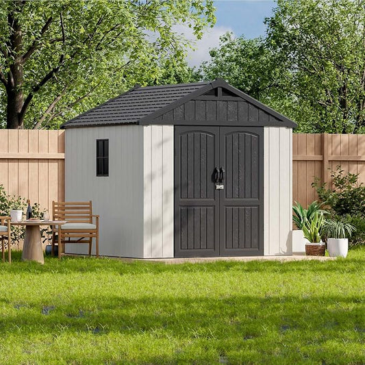 Patiowell 8x8 FT Outdoor Storage Shed, Plastic Shed Resin Garden Tool Shed with Floor & Window & Lockable Door for Patio Furniture, Backyard Tools, Bicycles & Lawnmower, Beige by Patiowell