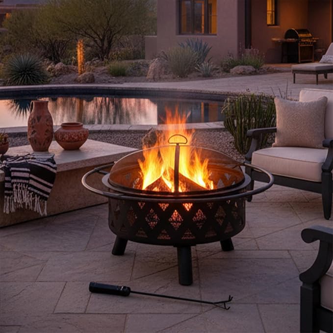 Sunnydaze Crossweave Outdoor Fire Pit - Wood-Burning Fire Pit for Outside with Spark Screen, Poker and Round Cover - 30-Inch - Black - Image 9