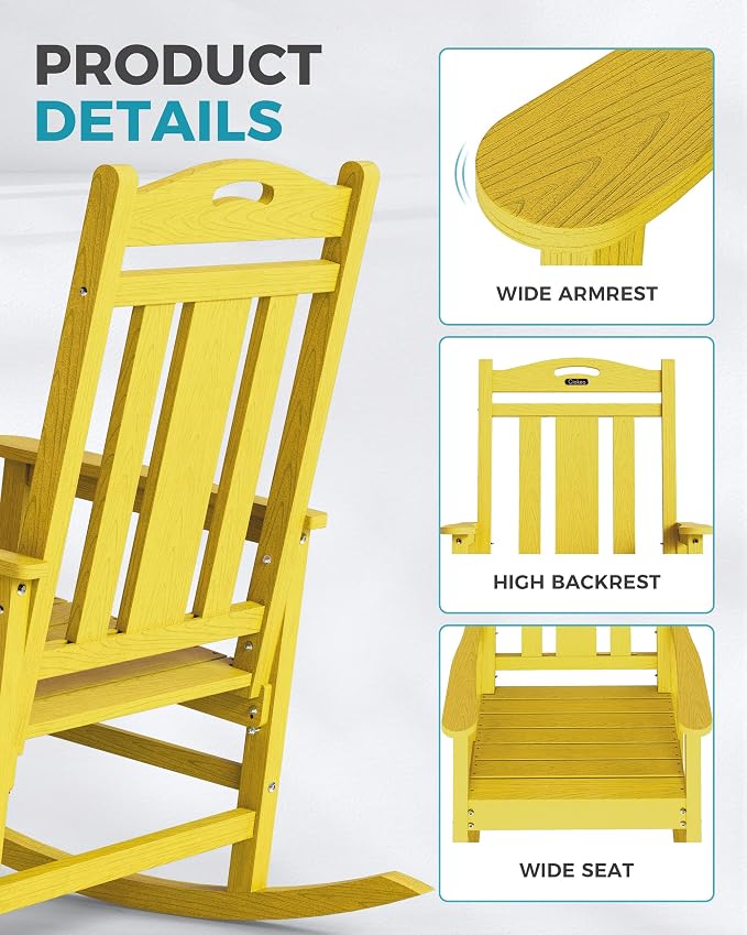 Ciokea Oversized Outdoor Rocking Chair, 380lbs Heavy-Duty Large Patio Rocker, Weather Resistant & Anti-Fade Porch Chair, High Back Cozy Rocking Chair for Outside, Fire Pit, Deck, Garden, Citron Yellow - Image 4