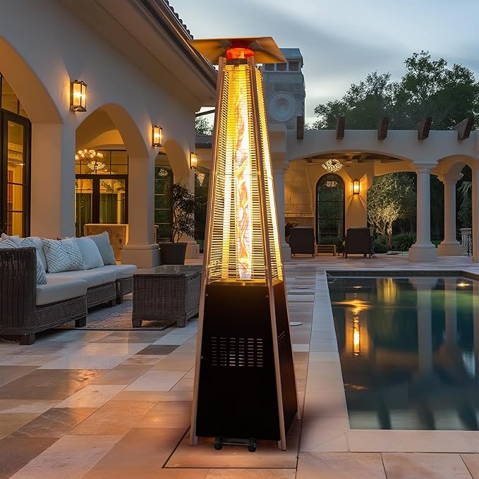 48,000 BTU Flame Pyramid Pool Heater With Cover, Triple Safety Protection Portable Patio Heater with Patio Cover, Warm Glass Tube with Durable Wheels-Black