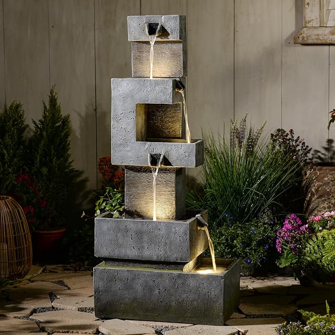 48 inches Outdoor Water Fountain Tiered Large Waterfall Freestanding Cascade Fountains Modern Geometric Effects with LED Lights for Garden Patio Yard Pool Home Decor Gray