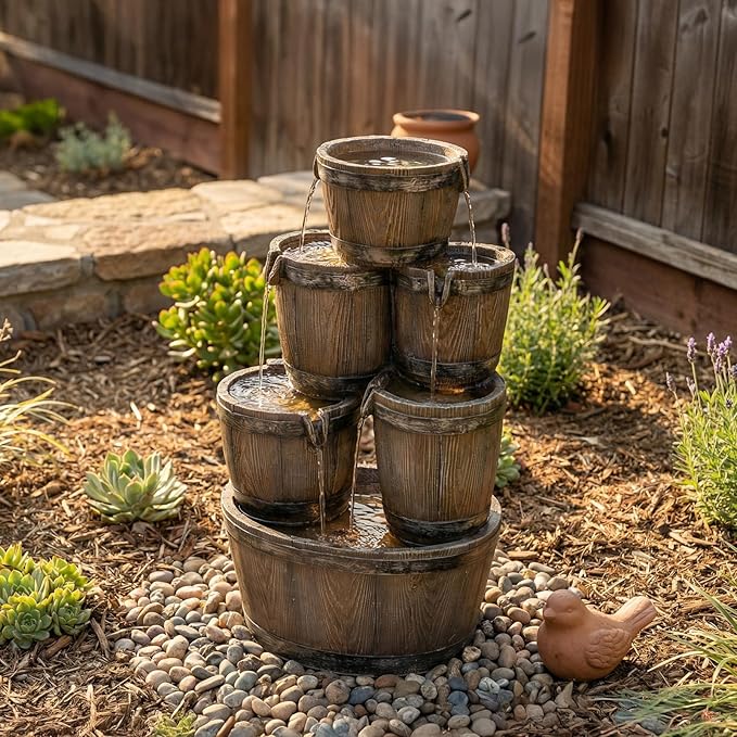 24.8" H Outdoor Water Fountain with LED Lights, 4-Tier Cascading Waterfall Fountain, Rustic Wood Barrel Resin Outdoor Water Fountain for Garden Patio Backyard Porch Indoor Decor