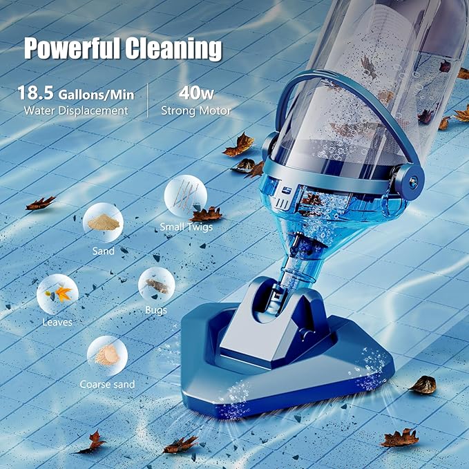Pool Vacuum for Above Ground Pool with a Telescopic Pole, Running time up to 1H, Handheld Rechargeable Pool Cleaner with Powerful Suction up to 18.5 gallons/min, Ideal for Leaves & Debris, PC10 - Image 2
