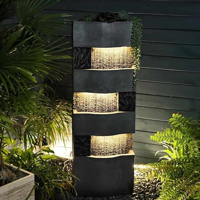 40.5" H Indoor Outdoor Modern Water Fountain with Lights and Pump, Tall 4-Tier Outdoor Freestanding Cascading Waterfall Fountain for Garden, Porch, Yard, Landscape, Indoor Décor, Grey