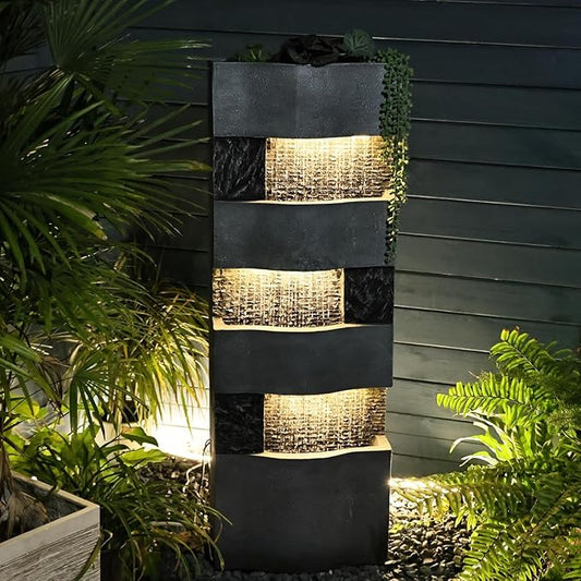40.5" H Indoor Outdoor Modern Water Fountain with Lights and Pump, Tall 4-Tier Outdoor Freestanding Cascading Waterfall Fountain for Garden, Porch, Yard, Landscape, Indoor Décor, Grey