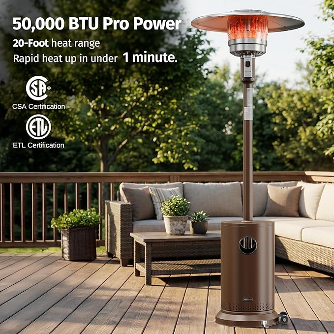 EAST OAK Upgraded 50,000 BTU Propane Patio Heater, Outdoor Heater with Enhanced Burner Head, One-Touch Ignition, Quick Snap-Fit Assembly, Round Table Design for Garden, Balcony, Backyard