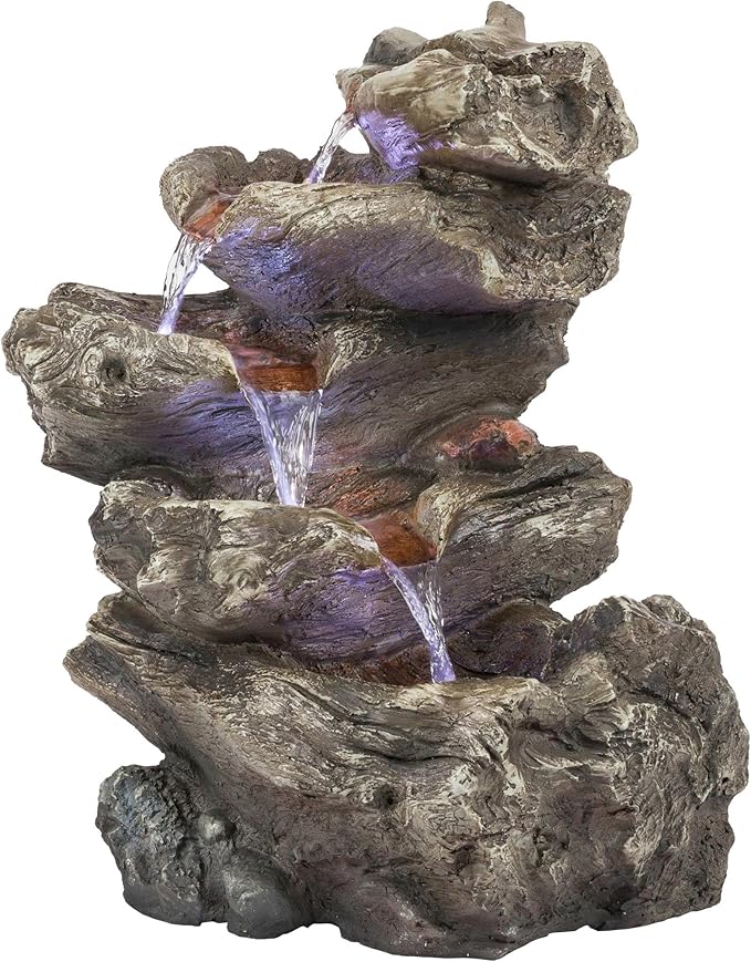 Alpine Corporation WIN1087 Indoor/Outdoor Floor Waterfall Fountain with LED Lights, 5-Tiered Rainforest Fountain 22", Brown