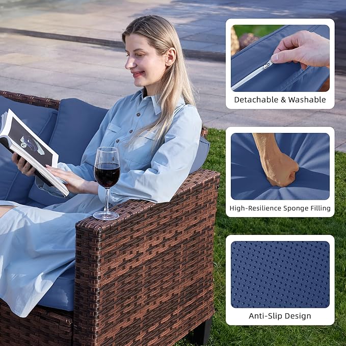 UDPATIO Patio Furniture Set with Fire Pit Table, Rocking Swivel Chairs, 5 Pieces Outdoor Furniture Sets, All-Weather Wicker Outdoor Sectional Sofa with Waterproof Cover, 4'' Thickened Cushion, Navy