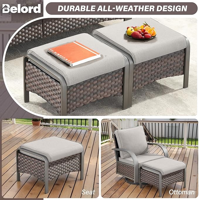Belord 4 Pieces Patio Furniture Sets - Swivel Rocker Outdoor Chairs with Ottomans, All Weather Wicker Swivel Furniture Glider Seating Set for Porch Deck Sunroom Backyard