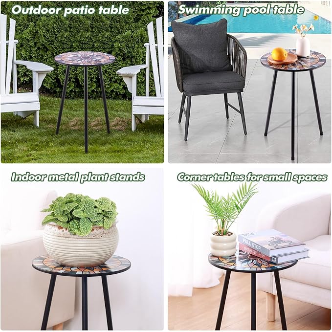 Party Zealot 1 Pack Metal Mosaic Round Side Table Small 13.4" End Patio Round Accent Table Garden Corner Stand for Small Spaces Weather-Resistant for Balcony Plant Stand Indoor Outdoor - Image 6
