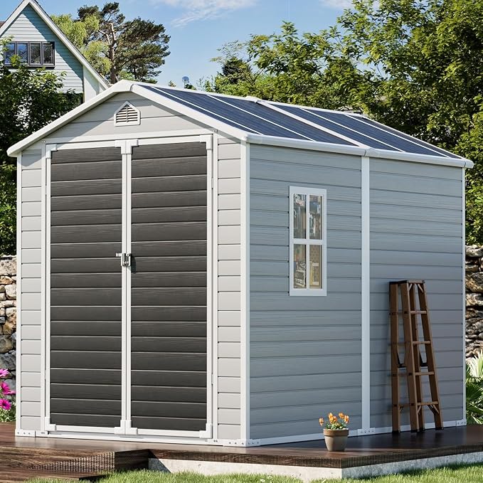 8x6 FT Outdoor Storage Shed, Waterproof Resin Shed with Floor Included & Lockable Door & Window & Vents, Outside Plastic Sheds for Backyard, Patio, Poolside, Lawn, Dove Grey by SELLERWE