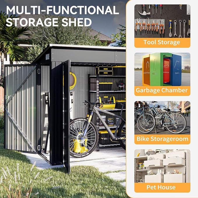 Aoxun 4' x 8' Shed Outdoor Storage Shed with Triple Lockable Door Metal Storage Cabinet with Slopping Roof for Tools Bicycles Storage for Garden, Patio, Courtyard - Image 8