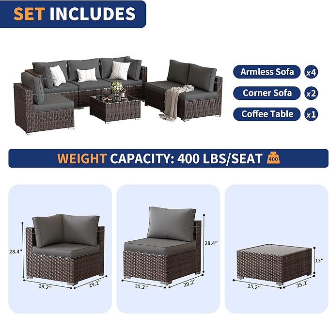 Patio Furniture Set, 7 Pieces Outdoor Sectional Sofa, PE Wicker Backyard Conversation Set with Waterproof Cover & Coffee Table, Modular Outdoor Couch for Garden, Poolside (Brown/Grey Cushions)